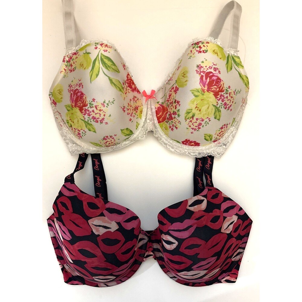 Lot of 2 Womens Victorias Secret VS T Shirt Push Up Bras Kiss Floral Pink 34DDD